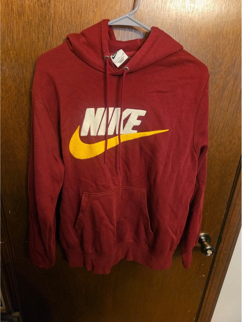 Nike Red Hoodie with Yellow Swoosh Logo, Size Small